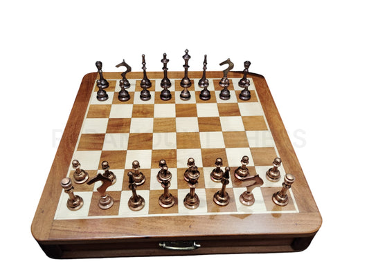 16-Inch Wooden Drawer Chess Board With Elegant Brass Metal Pieces! ♟🌟