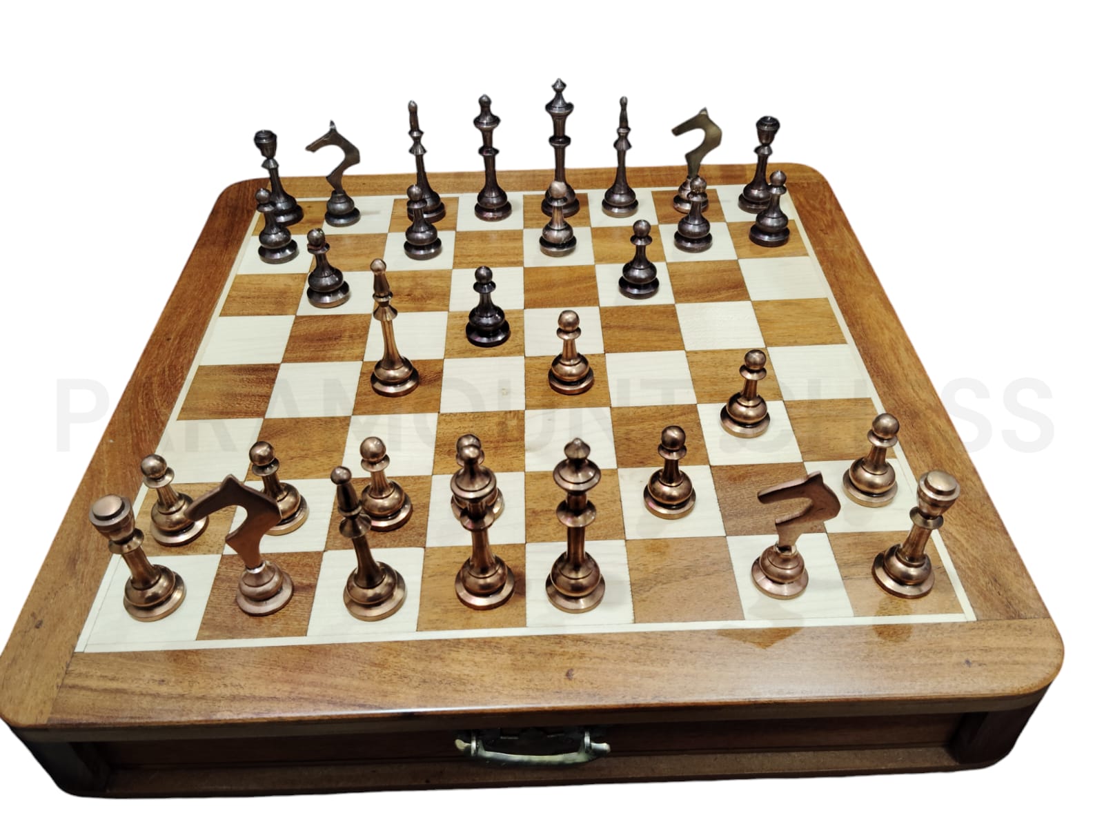 16-Inch Wooden Drawer Chess Board With Elegant Brass Metal Pieces! ♟🌟