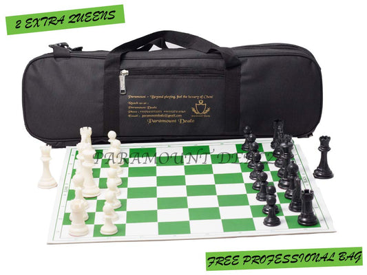 Professional Plastic Vinyl Chess Set with 2 Extra Queens and Bag (Green with Black Bag, 20 x 20-Inch)