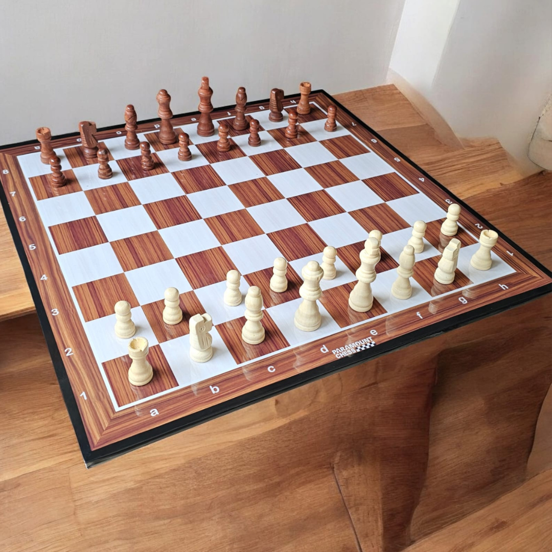 19" Wooden Laminated Chess board with wooden chess pieces and pouch