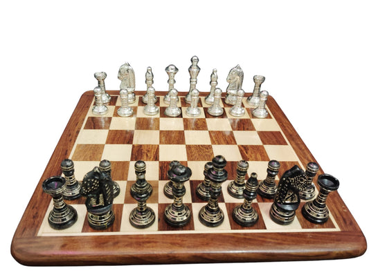 Elegant 2.75-inch Brass Staunton-style chess pieces with premium craftsmanship, paired with a soft velvet pouch for safe storage, offering elegance and durability