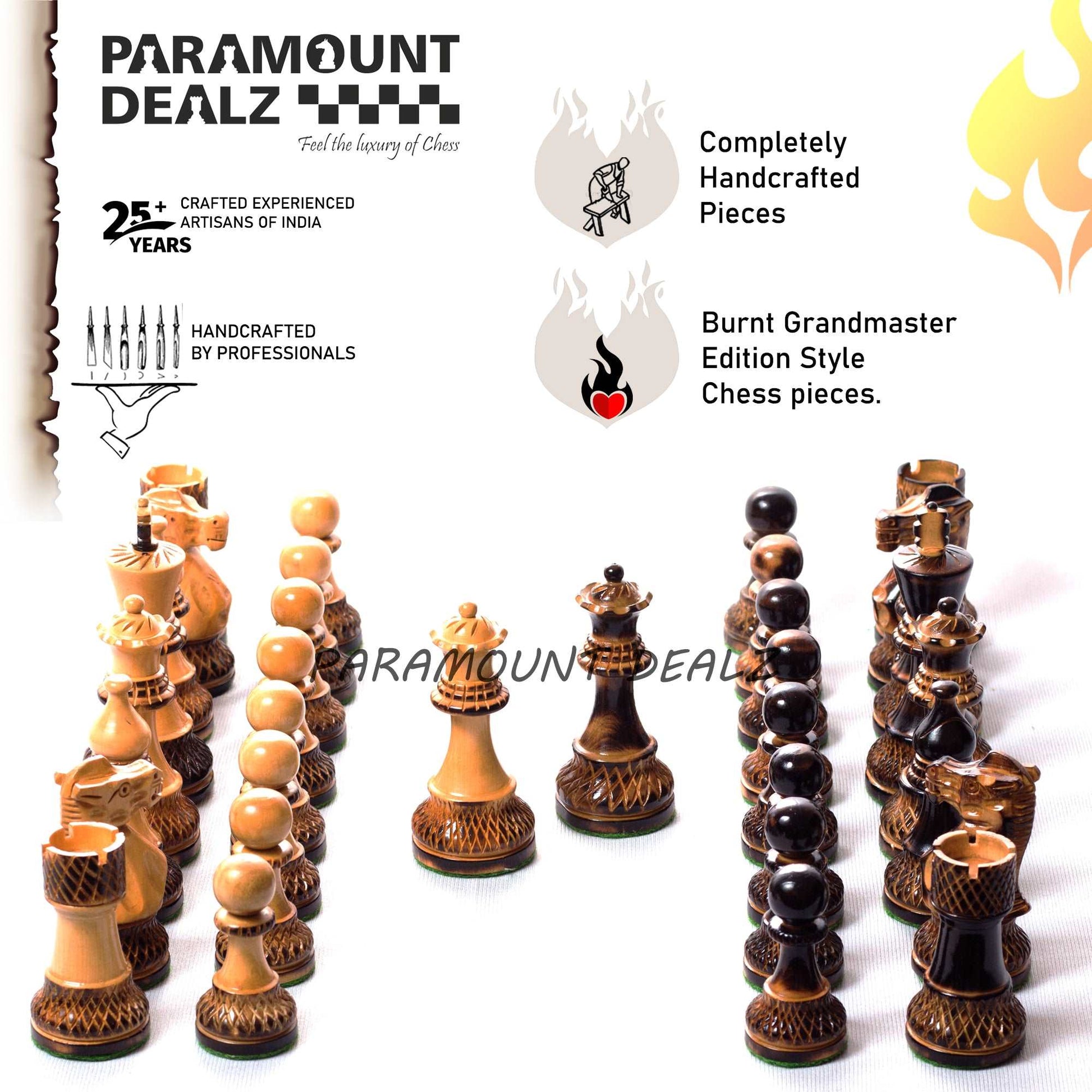 Handcrafted Chess Pieces in Burnt Box Wood