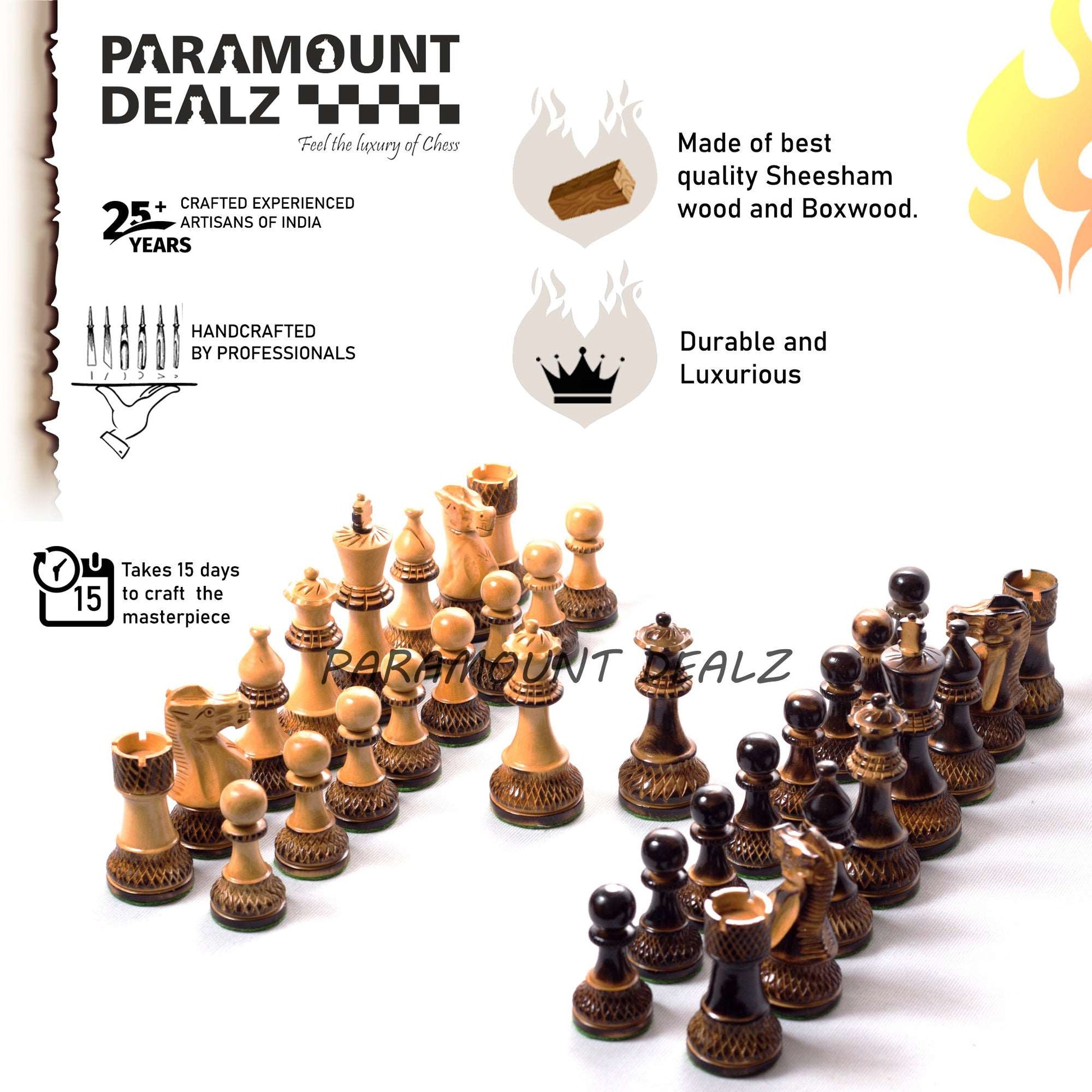 Handcrafted Chess Pieces in Burnt Box Wood