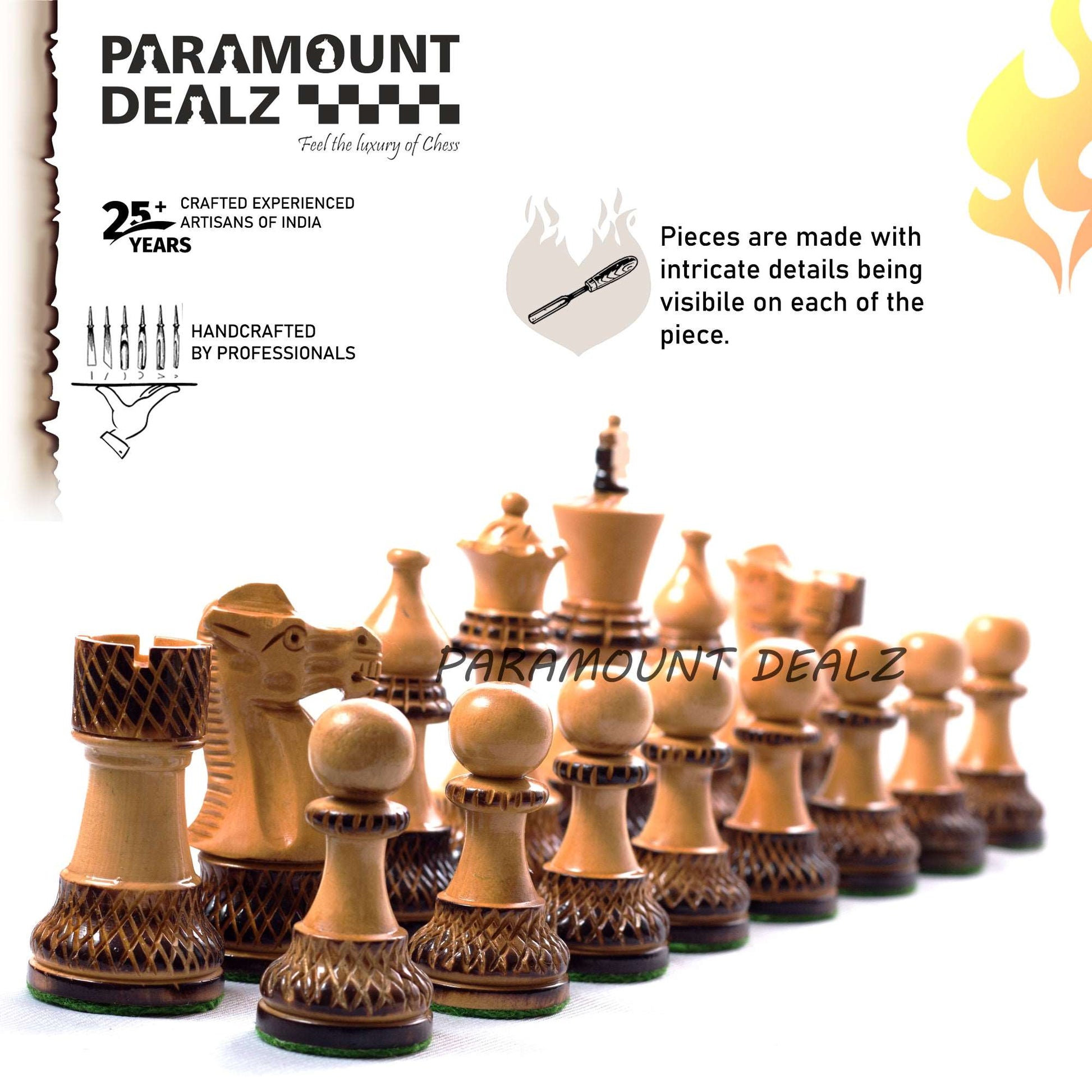 Handcrafted Chess Pieces in Burnt Box Wood