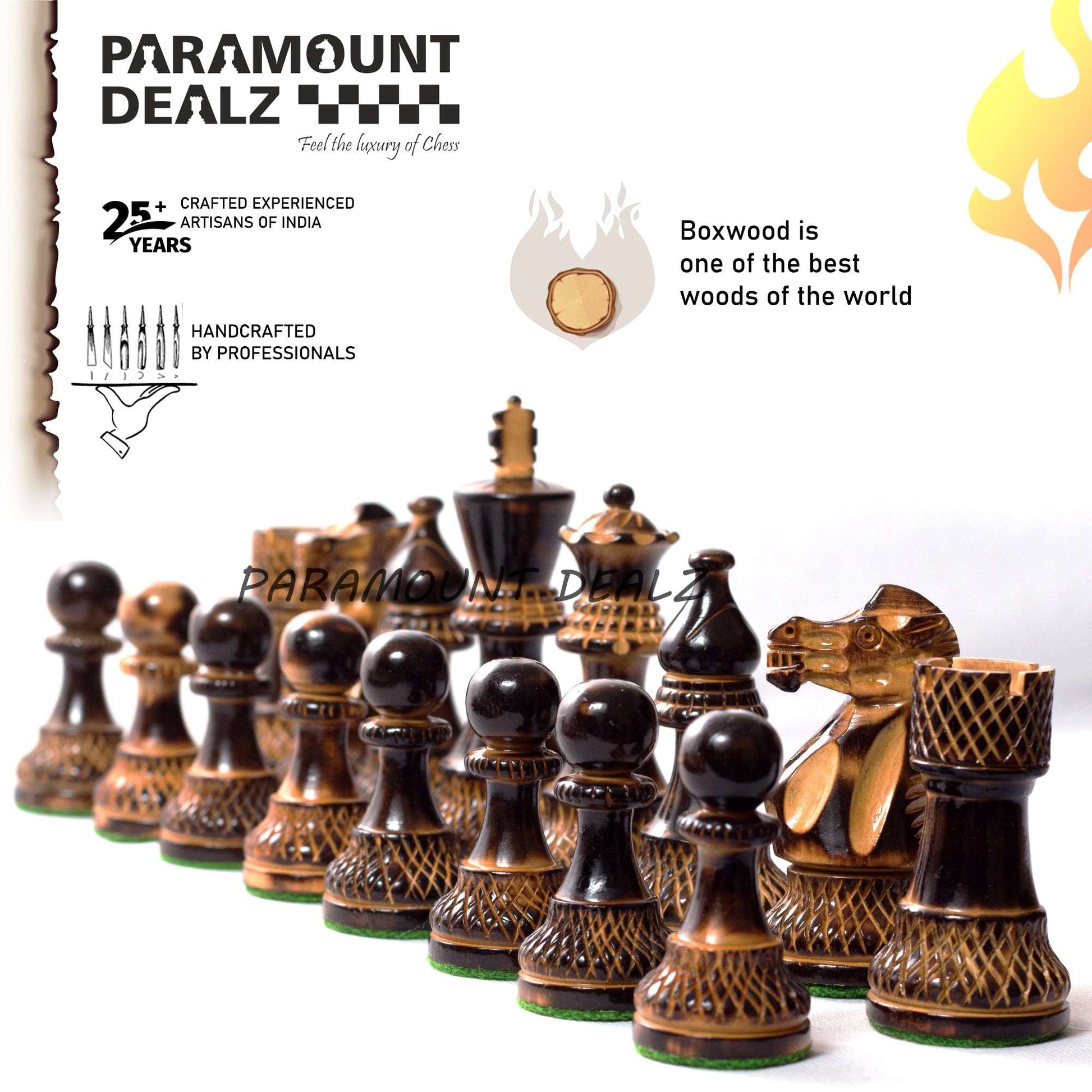 Handcrafted Chess Pieces in Burnt Box Wood