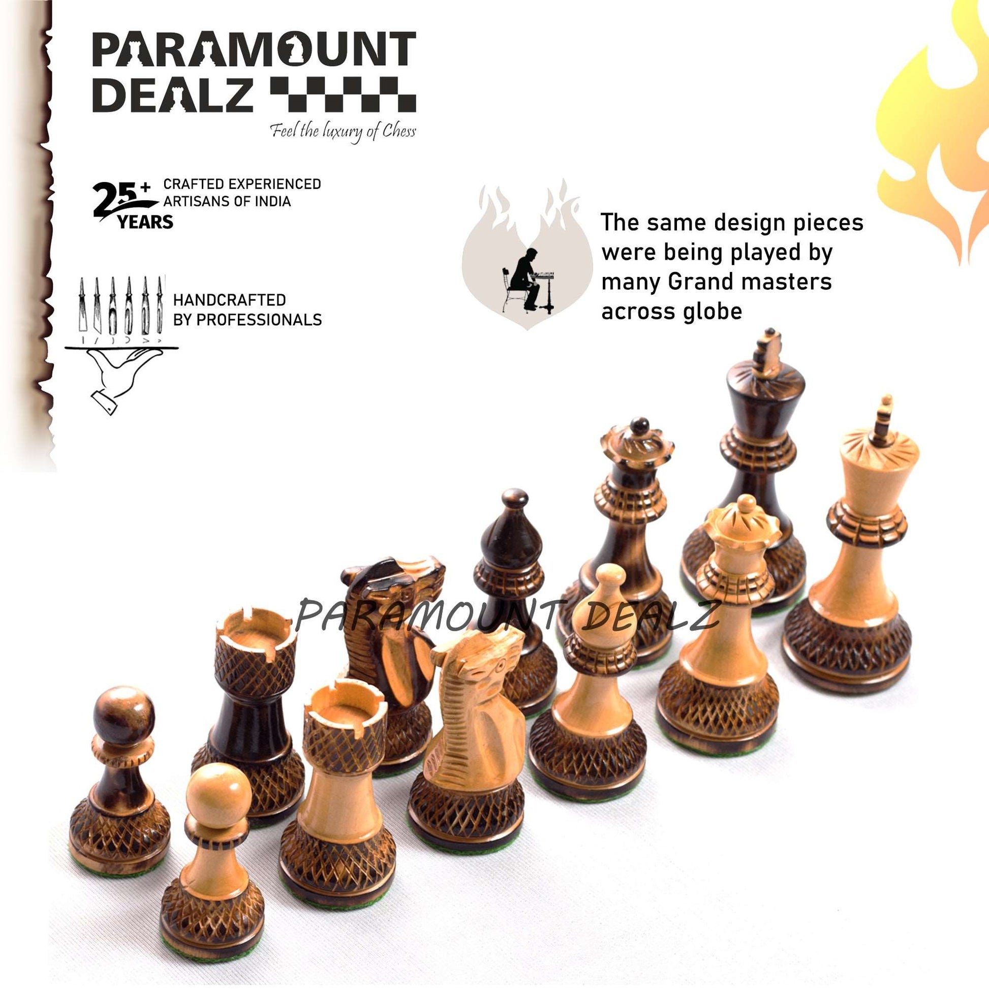 Handcrafted Chess Pieces in Burnt Box Wood