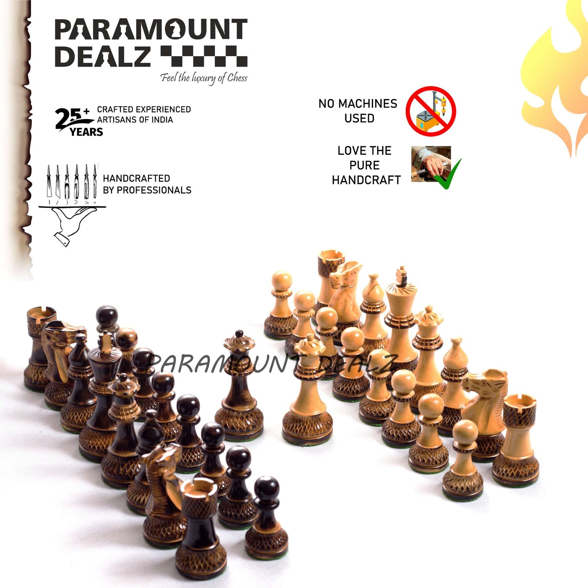 Handcrafted Chess Pieces in Burnt Box Wood