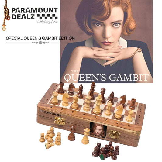 Paramount Dealz Personalized Queen's Gambit Exclusive Edition Handcrafted Magnetic Chess Board Game Set - Foldable Chess Board with Magnetic Staunton Style Wooden Chess Pieces