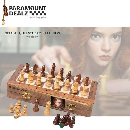 Paramount Dealz Personalized Queen's Gambit Exclusive Edition Handcrafted Magnetic Chess Board Game Set - Foldable Chess Board with Magnetic Staunton Style Wooden Chess Pieces