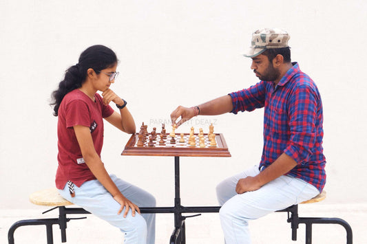 Metallic Premium Chess Table with 2 attached stools