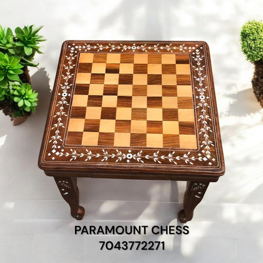 18 Inch aprox Yellow-brown Inlay Table With 3.75 Inch  German Knight wooden pieces