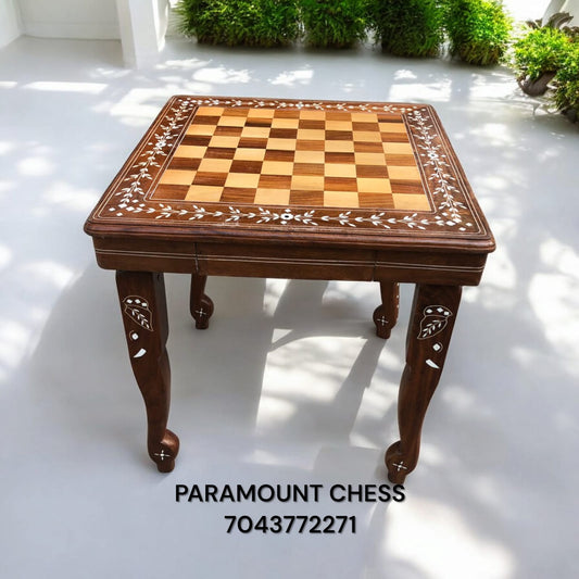 18 Inch aprox Yellow-brown Inlay Table With 3.75 Inch  German Knight wooden pieces