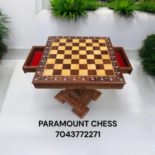 20 Inch Yellow-brown Inlay Piller Drawer Inside  Table with 3.75 Inch German Knight wooden chess pieces