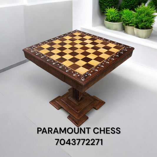 20 Inch Yellow-brown Inlay Piller Drawer Inside  Table with 3.75 Inch German Knight wooden chess pieces