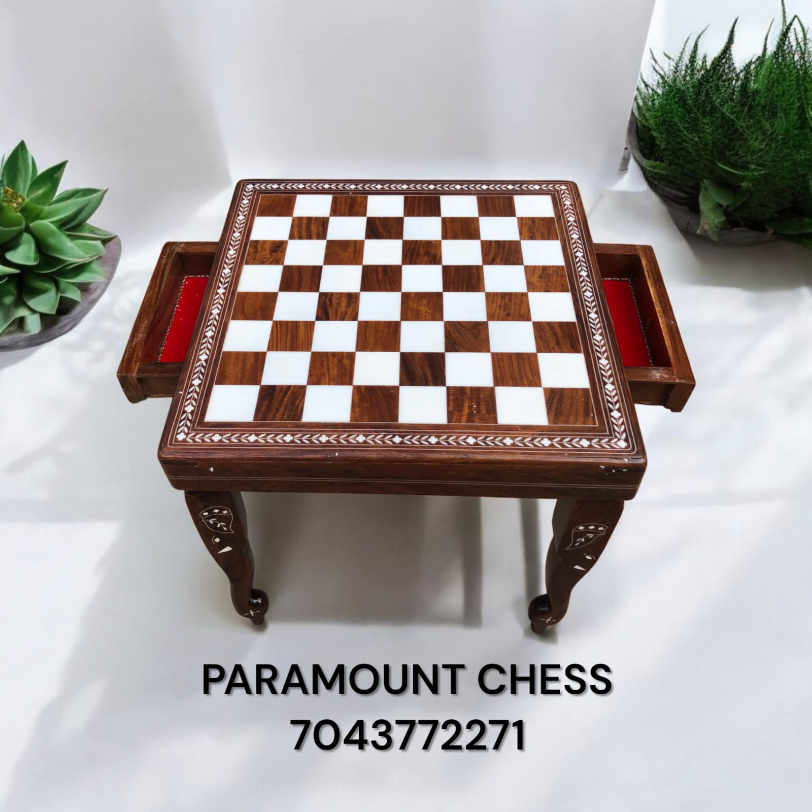 24 Inch Wooden with drawer Inlay chess table with 3.75 inch wooden  chess pieces