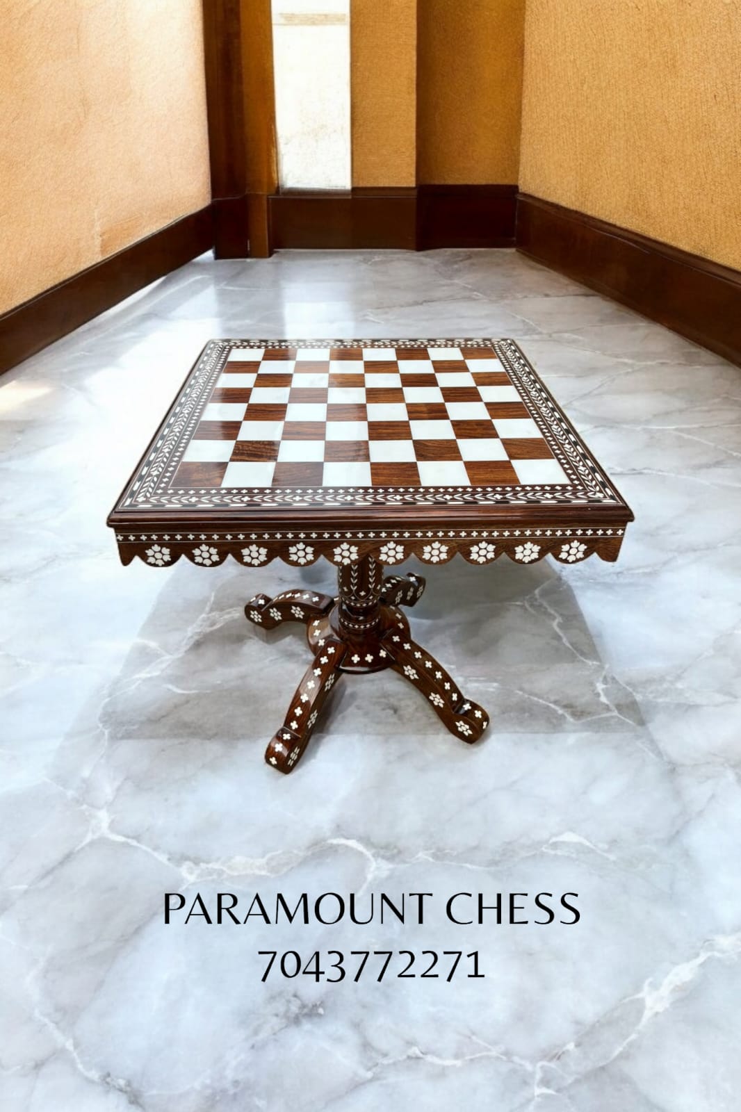 20 Inch Inlay chess table with octopus leg with 3.75 Inch wooden chess pieces