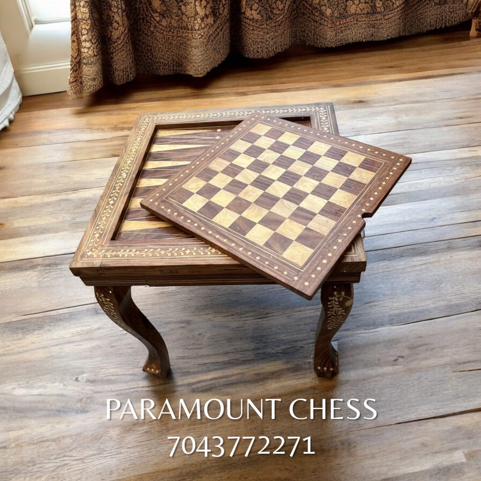 20 Inch 3 in one Backgammon with coins and  chess Table with 3.75 inch wooden pieces and display table