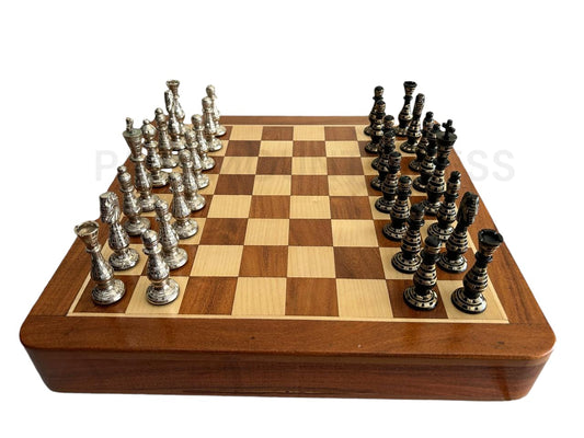 ♟️🌟 Luxurious 16-Inch Wooden Drawer Chess Board With Elegant Brass Metal Pieces – Beauty & Functionality in Every Move!