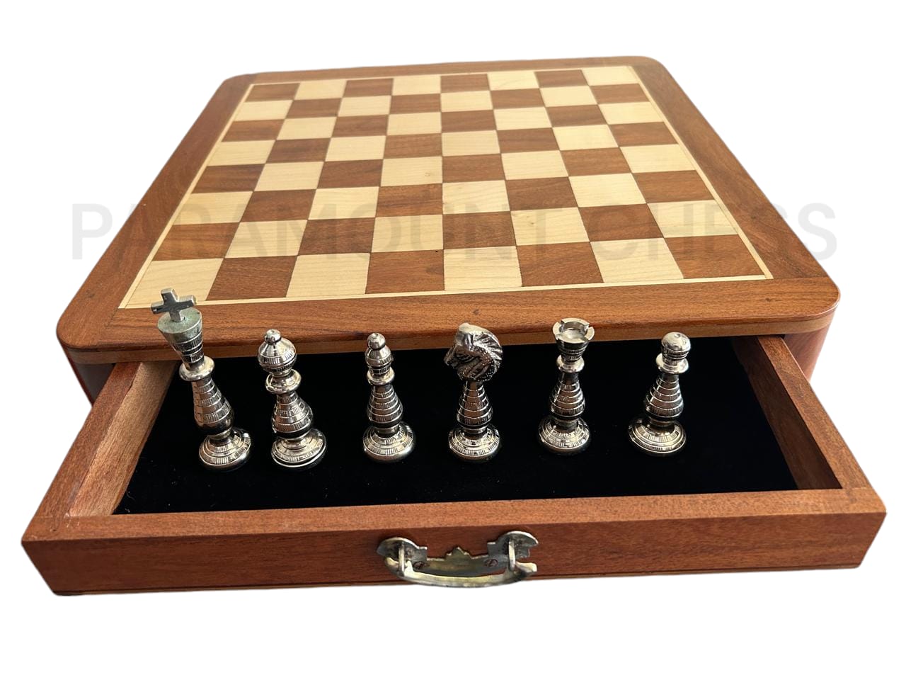 ♟️🌟 Luxurious 16-Inch Wooden Drawer Chess Board With Elegant Brass Metal Pieces – Beauty & Functionality in Every Move!