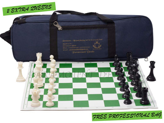 Professional Plastic Vinyl Chess Set with 2 Extra Queens and Bag (Green with Black Bag, 20 x 20-Inch)