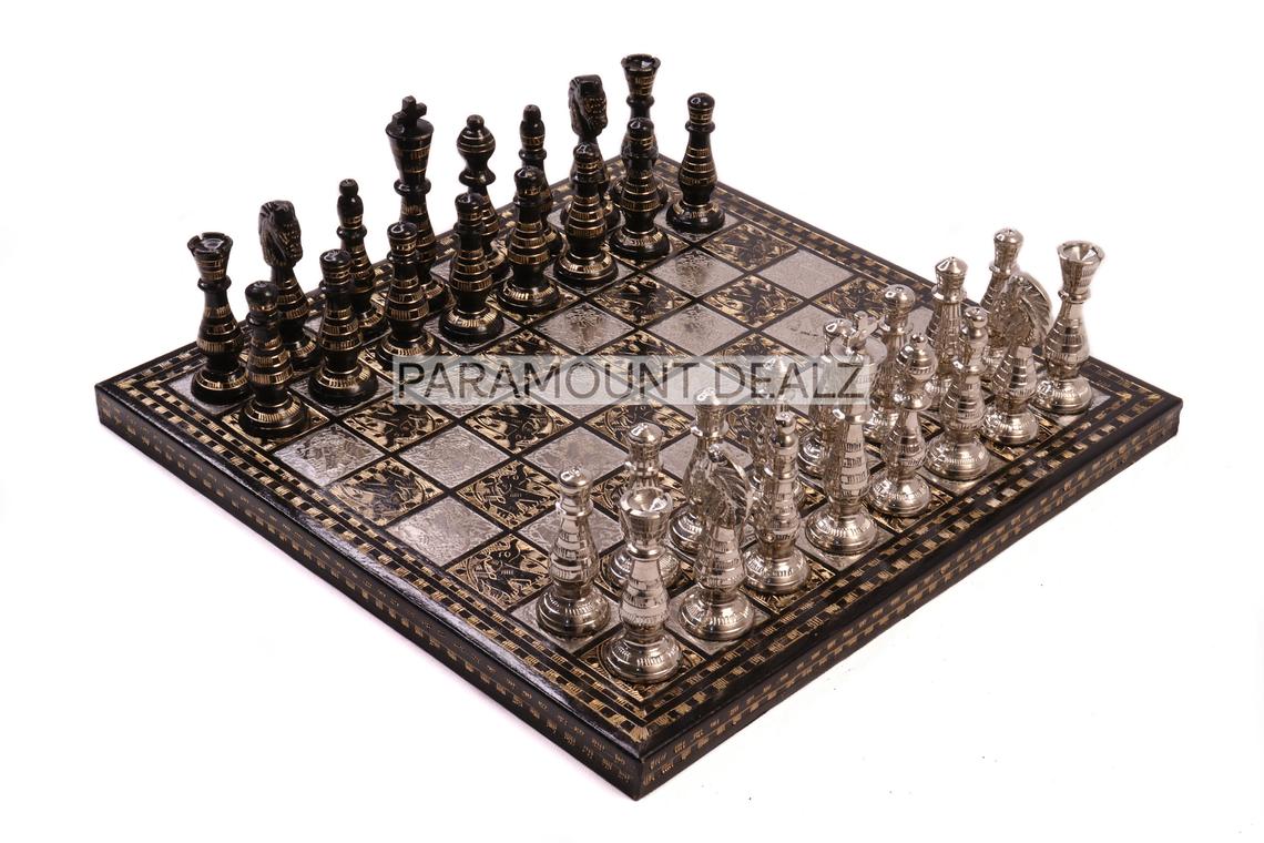 Brass Chess Board with 32 Brass Chess Pieces