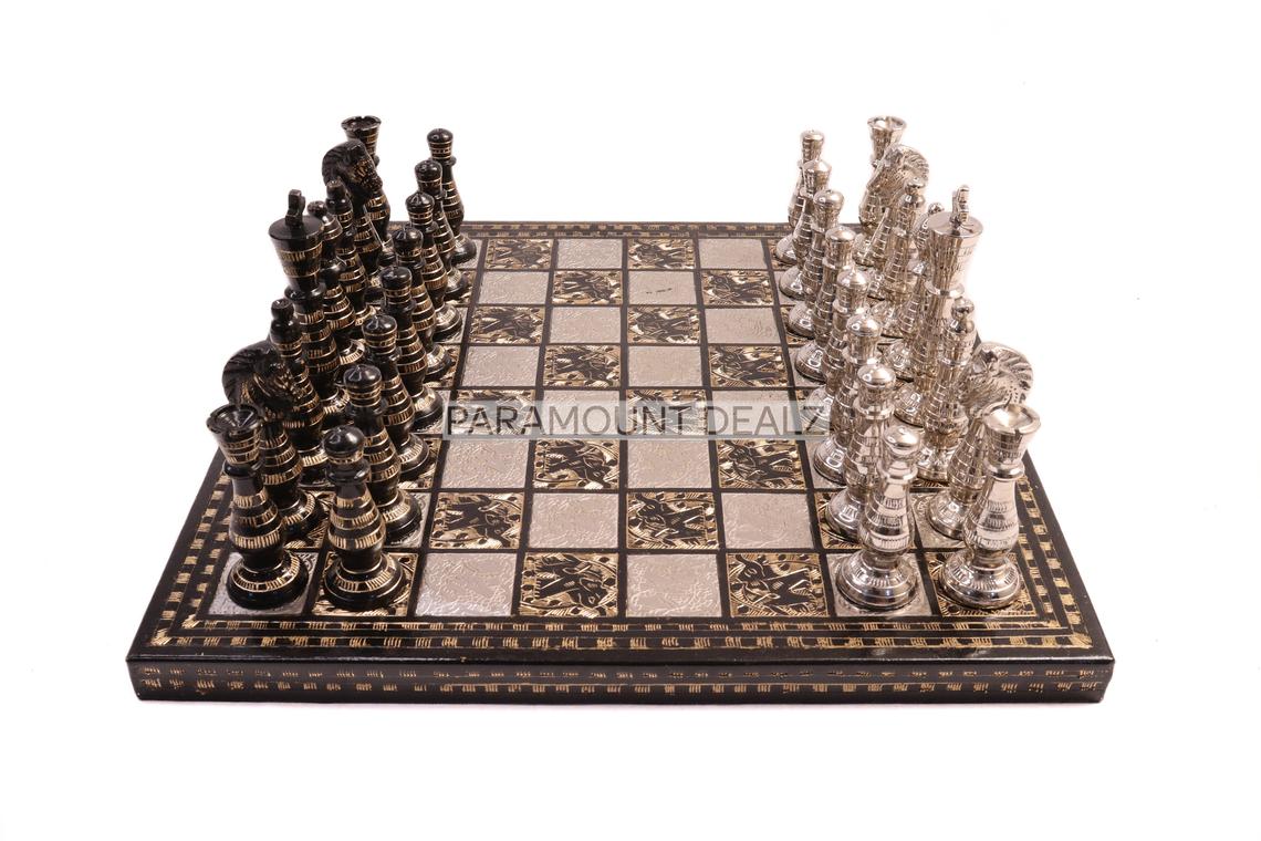 Brass Chess Board with 32 Brass Chess Pieces