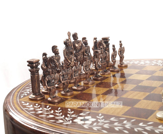 Chess Table Wooden Inlay with chess pieces|Roman Metal Chess Pieces|Chess Board Game Table|Chess table furniture,luxury vintage style|schachtisch