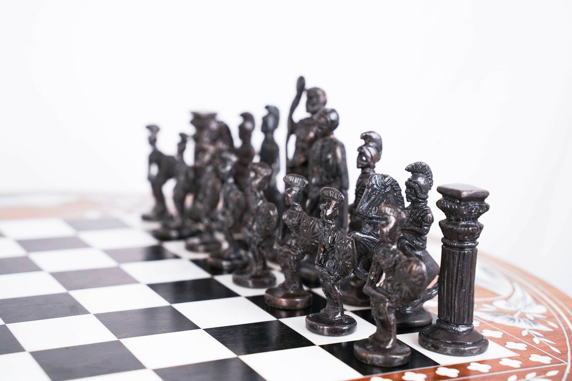 Handmade Wood Chess Table with Bone Inlay