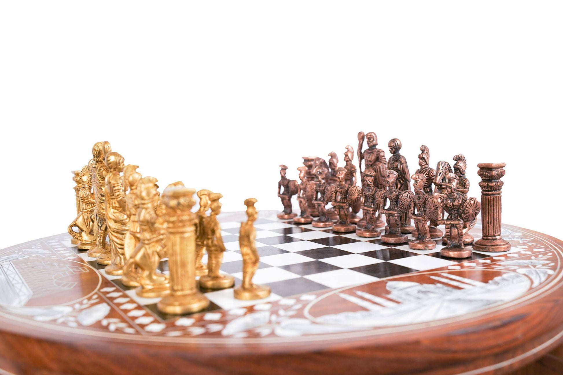 Handmade Wood Chess Table with Bone Inlay