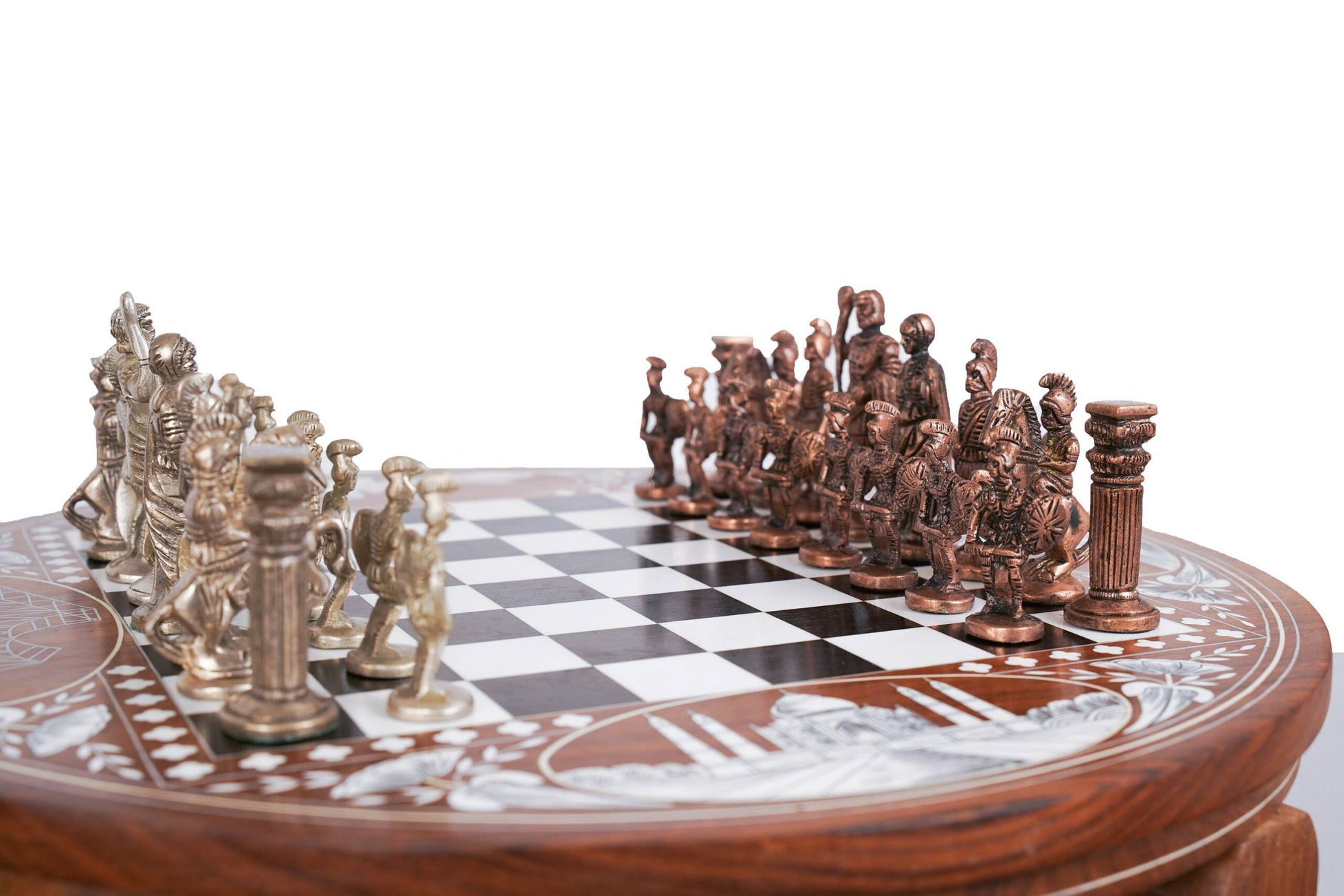 Handmade Wood Chess Table with Bone Inlay