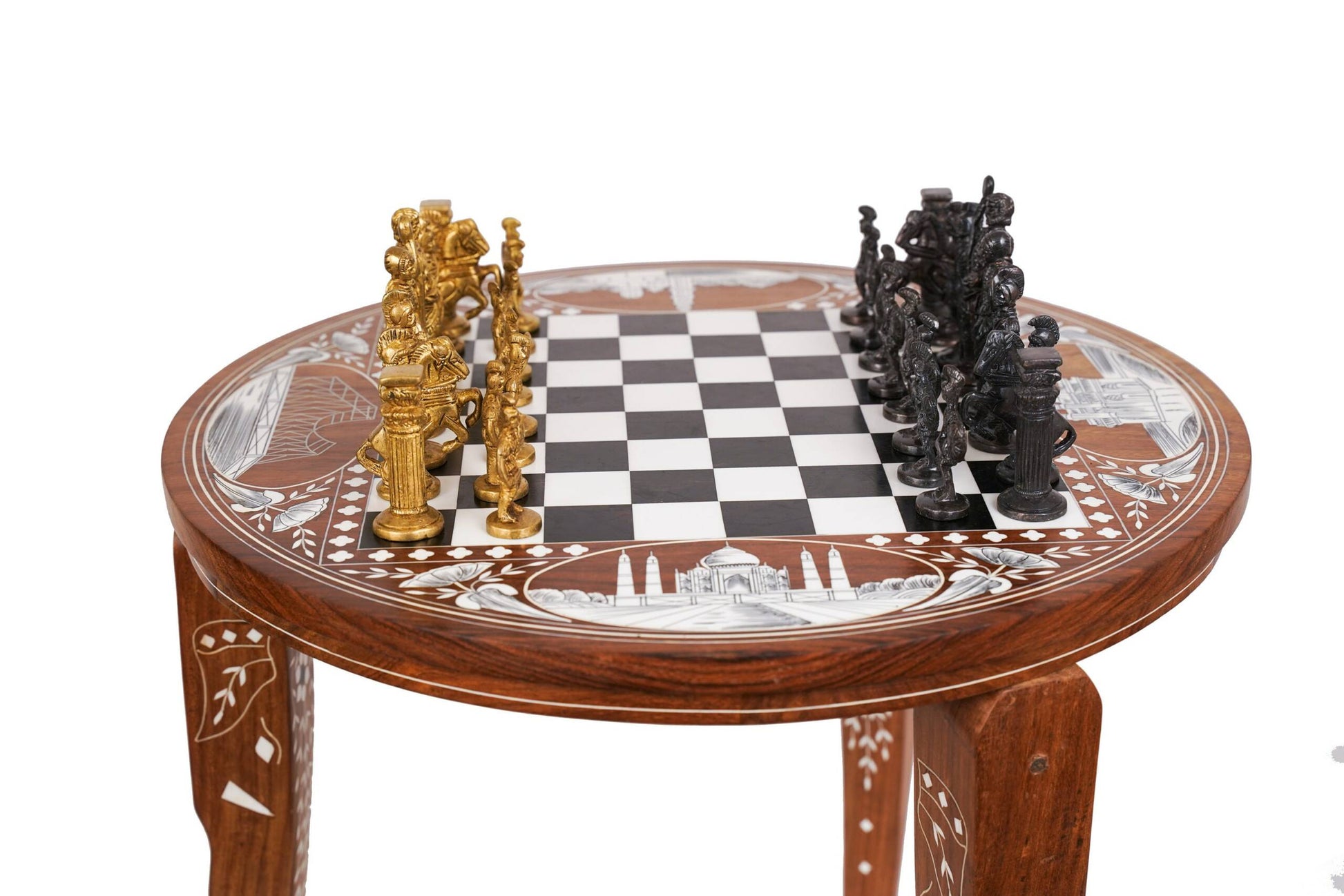 Handmade Wood Chess Table with Bone Inlay